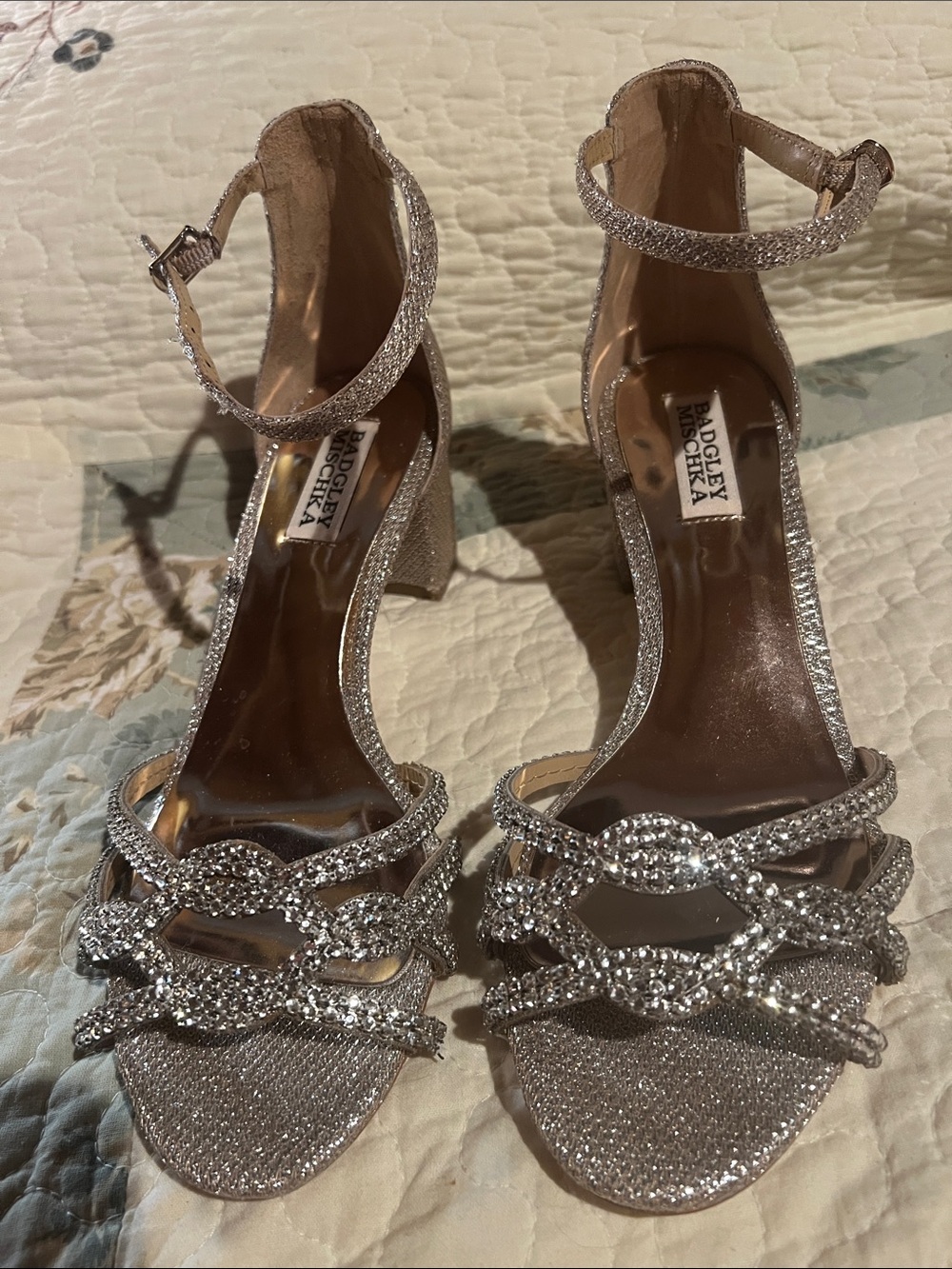 Badgley Mischka Silver Crystal Strappy Block-Heel Sandals